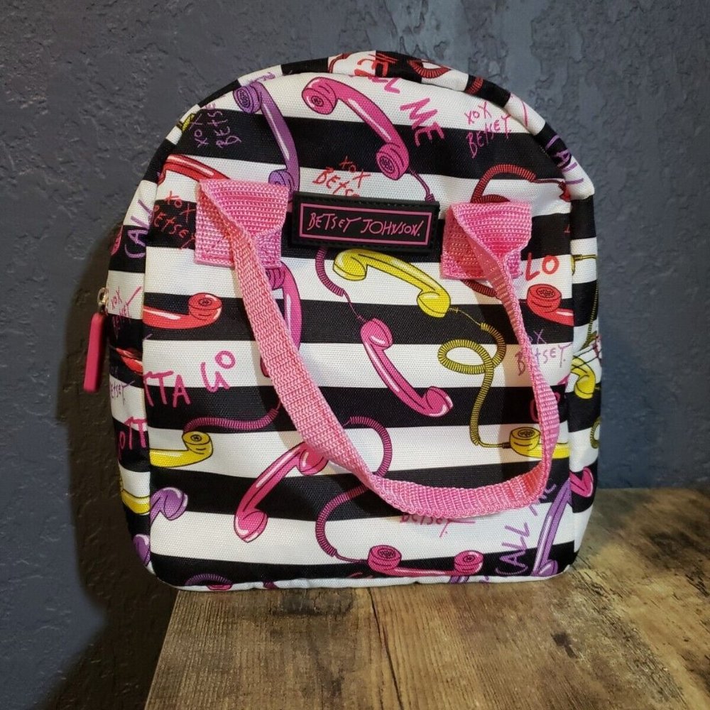 Betsey Johnson Insulated Lunch Tote, Black & White Striped, Telephones, XOX